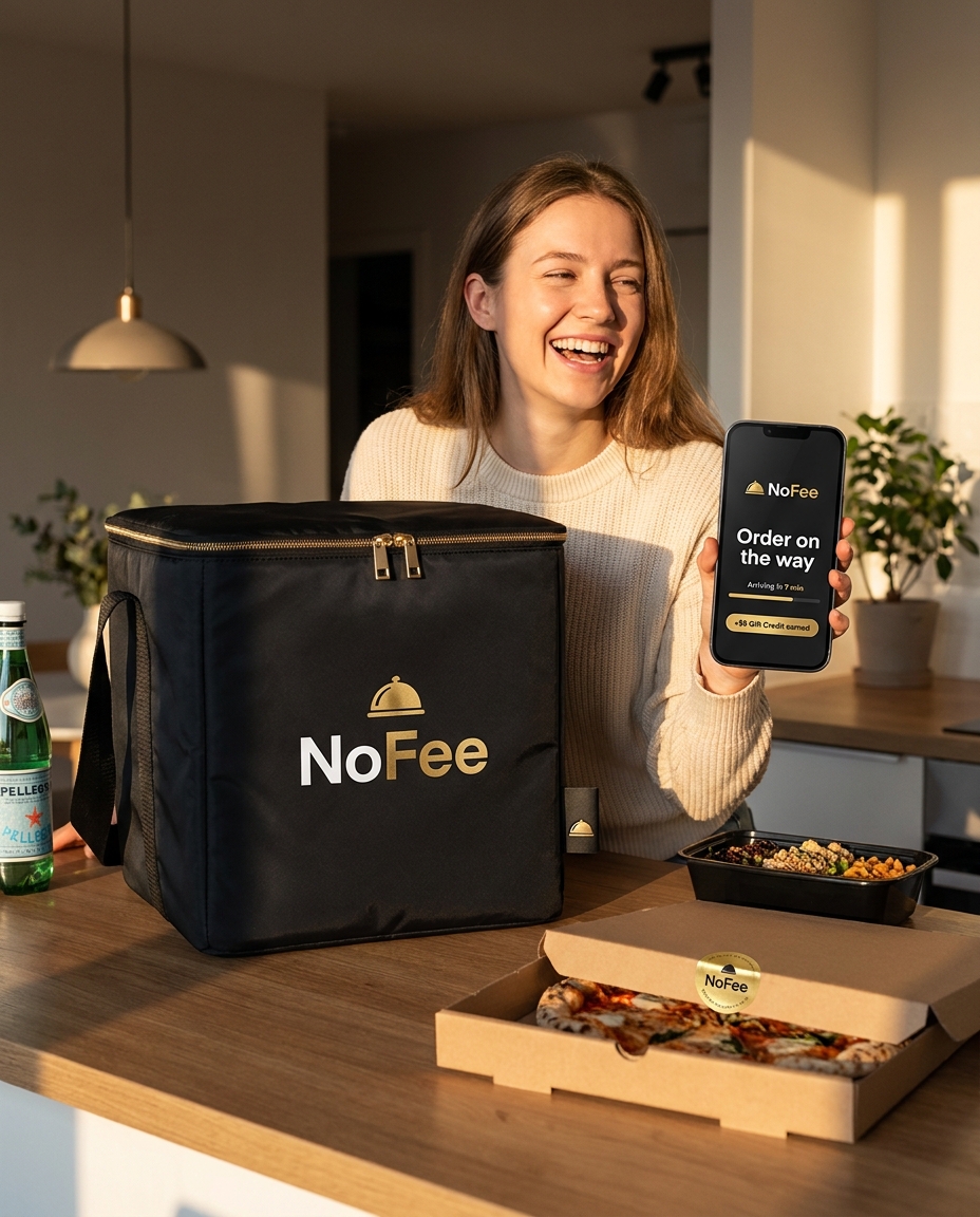 NoFee Ambassador enjoying a meal from a local restaurant