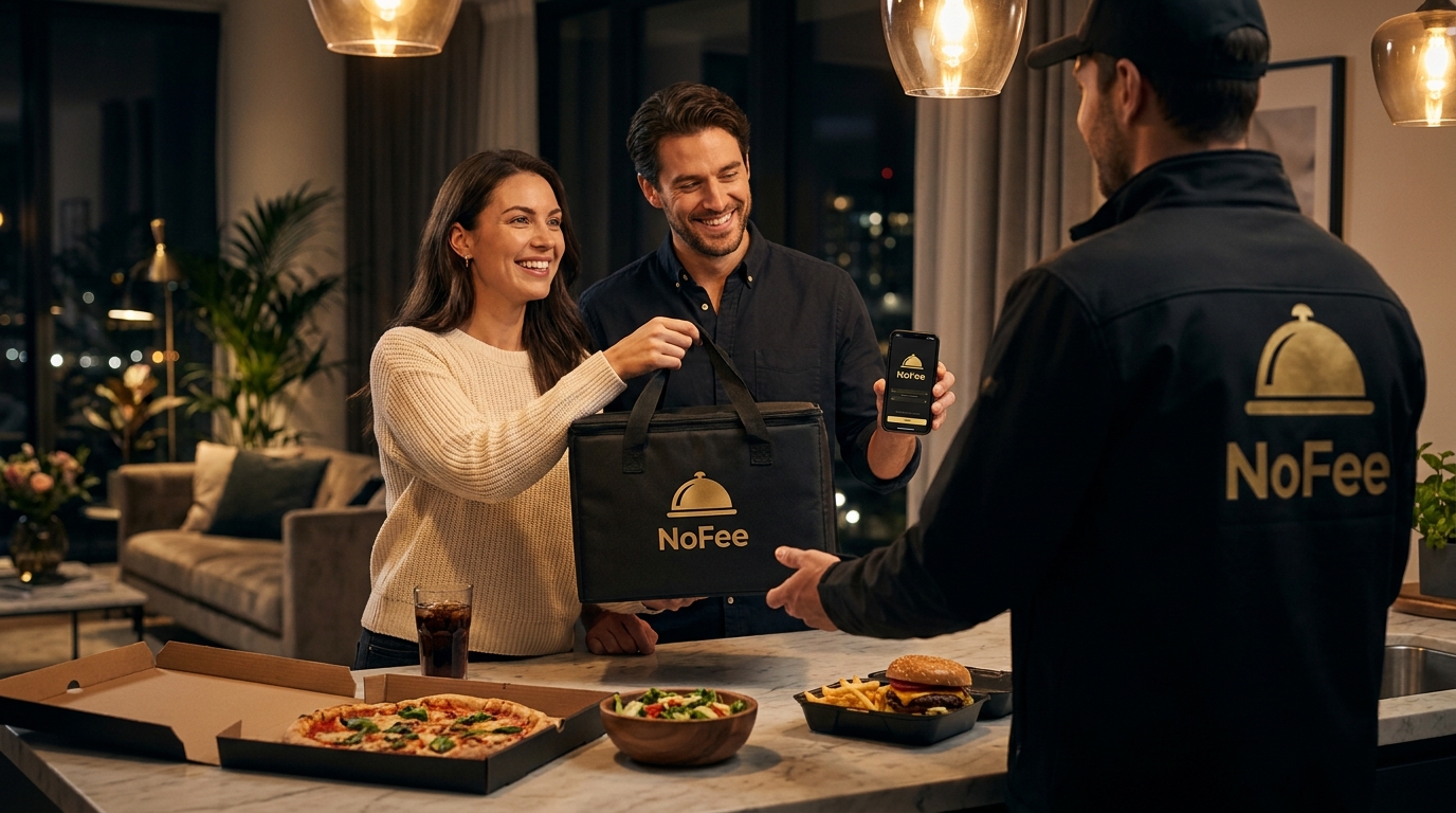 Happy couple receiving NoFee delivery at home